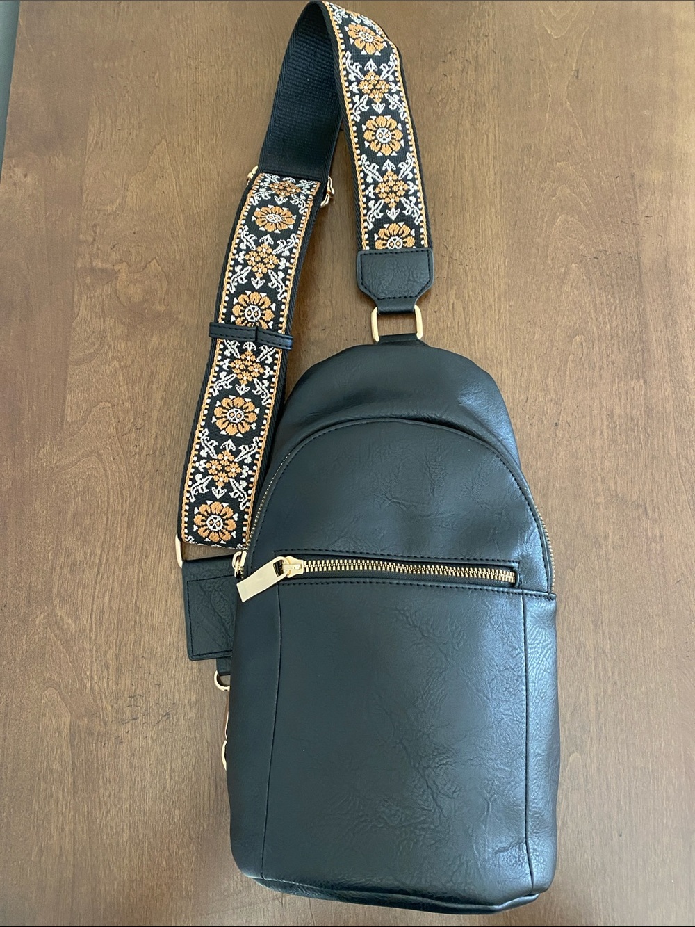 New Black Vegan Leather Crossbody Sling Bag with Decorative Guitar Strap